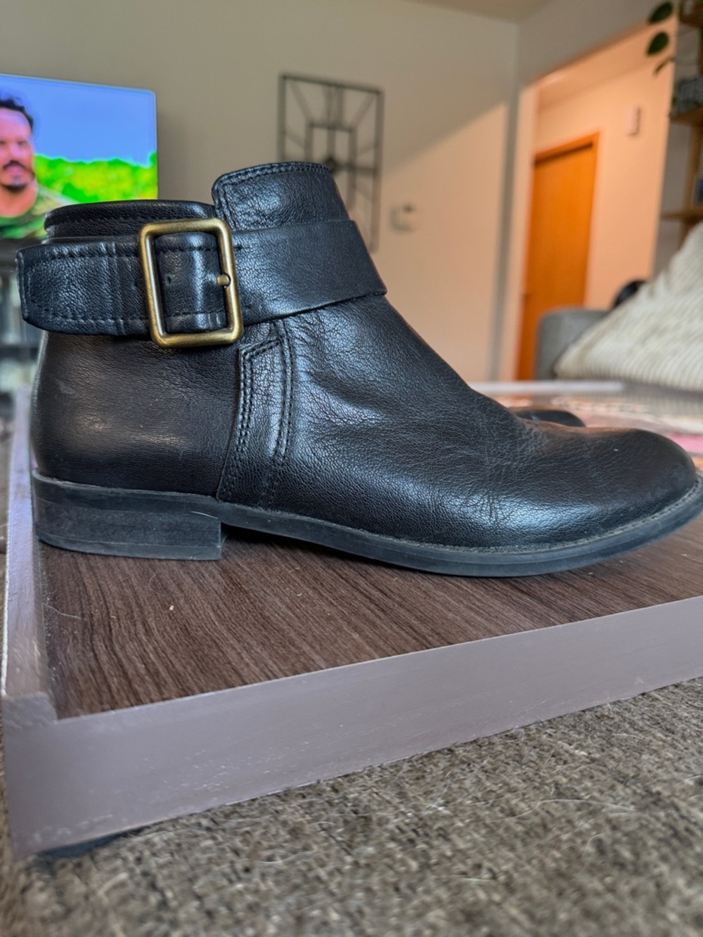 Black Leather Ankle Boots with Buckle Accent